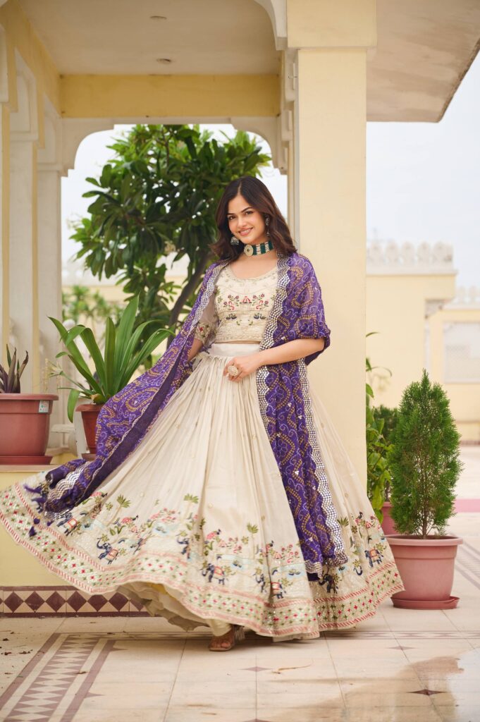 festival wear tissue silk lehenga choli with heavy embroidery