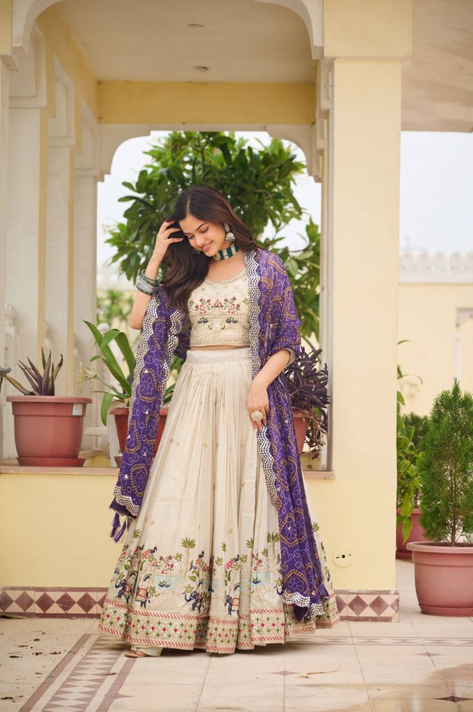 festival wear tissue silk lehenga choli with heavy embroidery