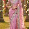 pink organza silk embroidered saree with lace border