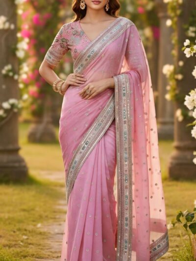 pink organza silk embroidered saree with lace border