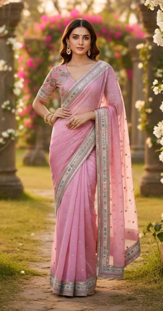 Outlet pink organza silk embroidered saree with lace border