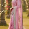 pink organza silk embroidered saree with lace border
