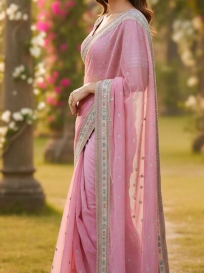pink organza silk embroidered saree with lace border