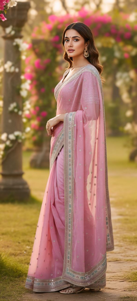 pink organza silk embroidered saree with lace border pink organza silk embroidered saree with lace border