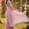 pink organza silk embroidered saree with lace border