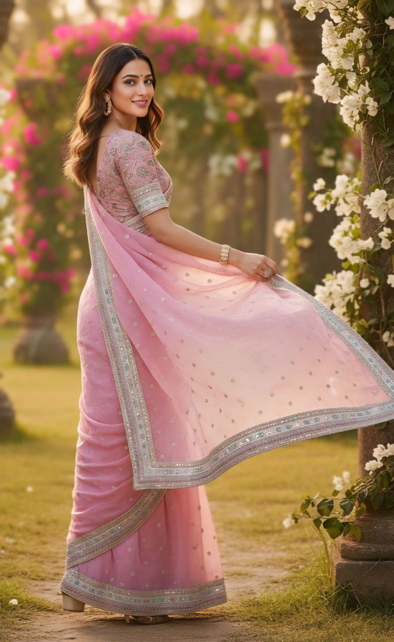 pink organza silk embroidered saree with lace border pink organza silk embroidered saree with lace border