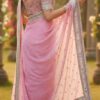 pink organza silk embroidered saree with lace border