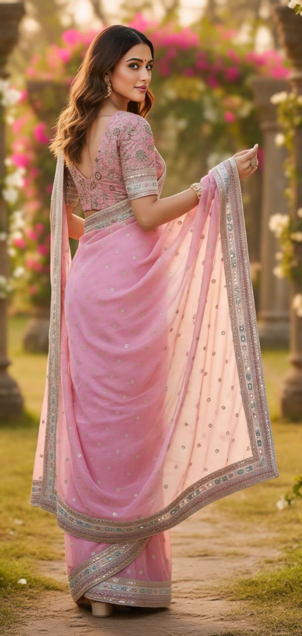 pink organza silk embroidered saree with lace border pink organza silk embroidered saree with lace border