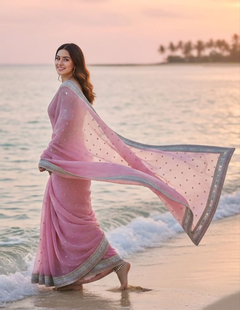 pink organza silk embroidered saree with lace border