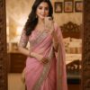 pink organza silk embroidered saree with lace border