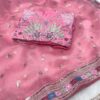 pink organza silk embroidered saree with lace border