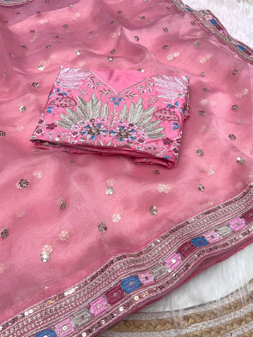 pink organza silk embroidered saree with lace border pink organza silk embroidered saree with lace border