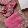 pink organza silk embroidered saree with lace border