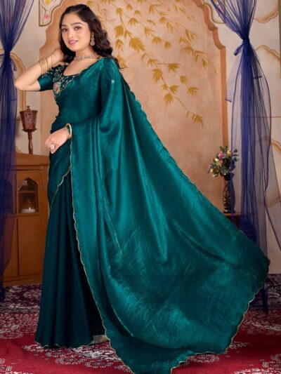 premium fendy satin silk embroidery cut work saree with unstitched blouse