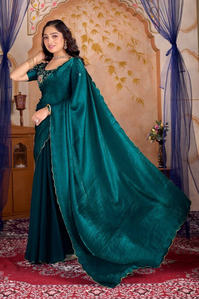 premium fendy satin silk embroidery cut work saree with unstitched blouse