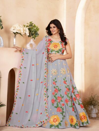 designer grey floral embroidered lehenga choli with dupatta