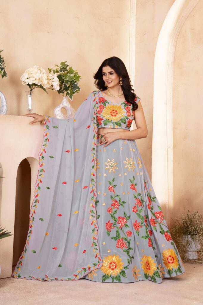 designer grey floral embroidered lehenga choli with dupatta