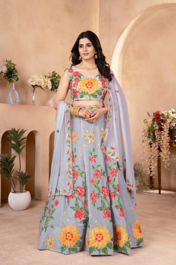 designer grey floral embroidered lehenga choli with dupatta