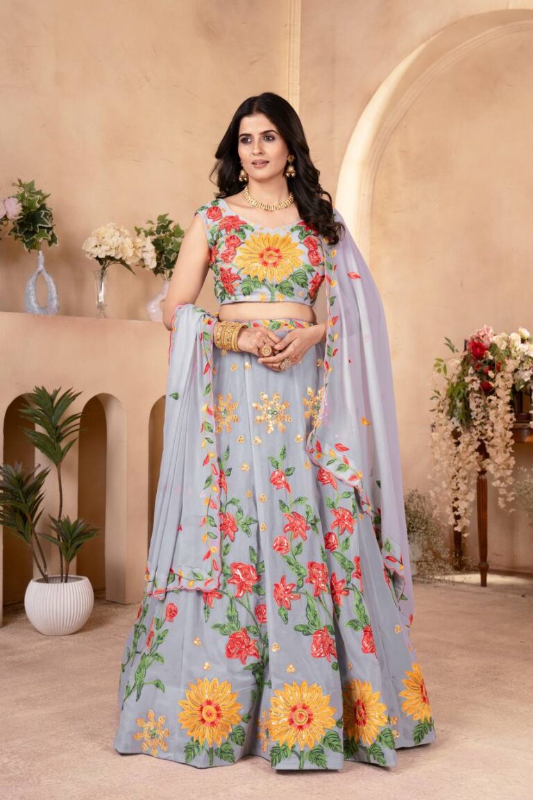 designer grey floral embroidered lehenga choli with dupatta