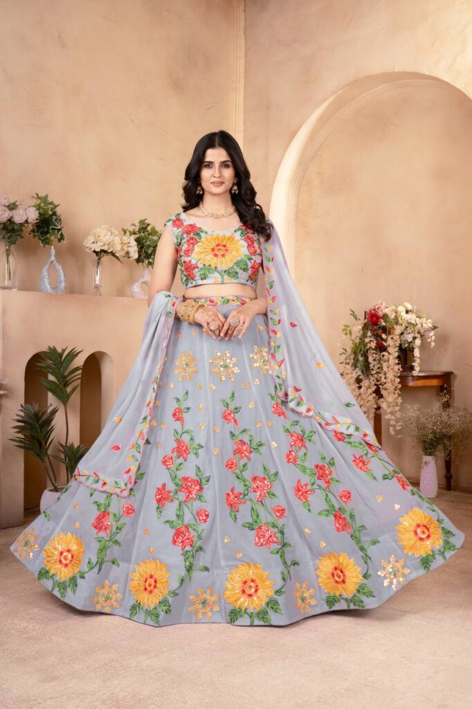 designer grey floral embroidered lehenga choli with dupatta