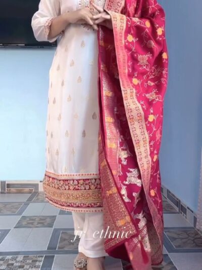 pure kanjivaram silk kurta pant dupatta set with zari dupatta