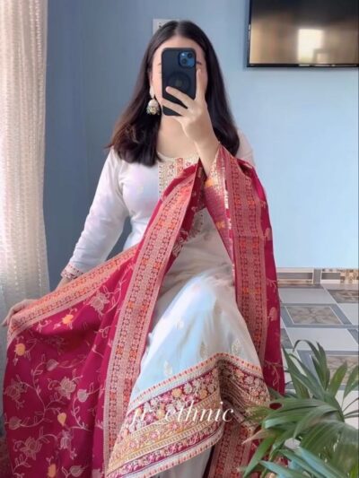 pure kanjivaram silk kurta pant dupatta set with zari dupatta