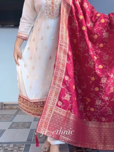 pure kanjivaram silk kurta pant dupatta set with zari dupatta