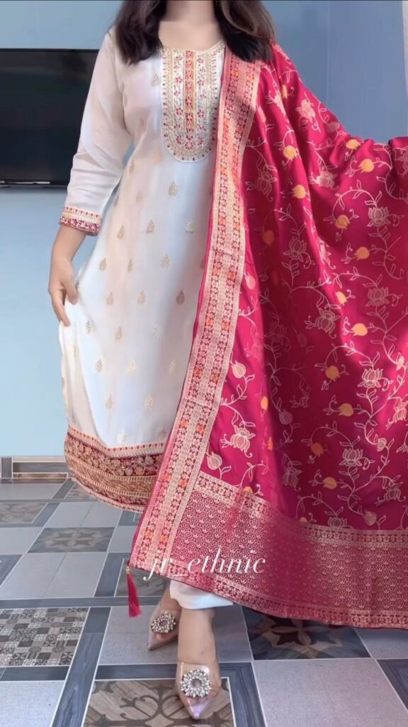 pure kanjivaram silk kurta pant dupatta set with zari dupatta