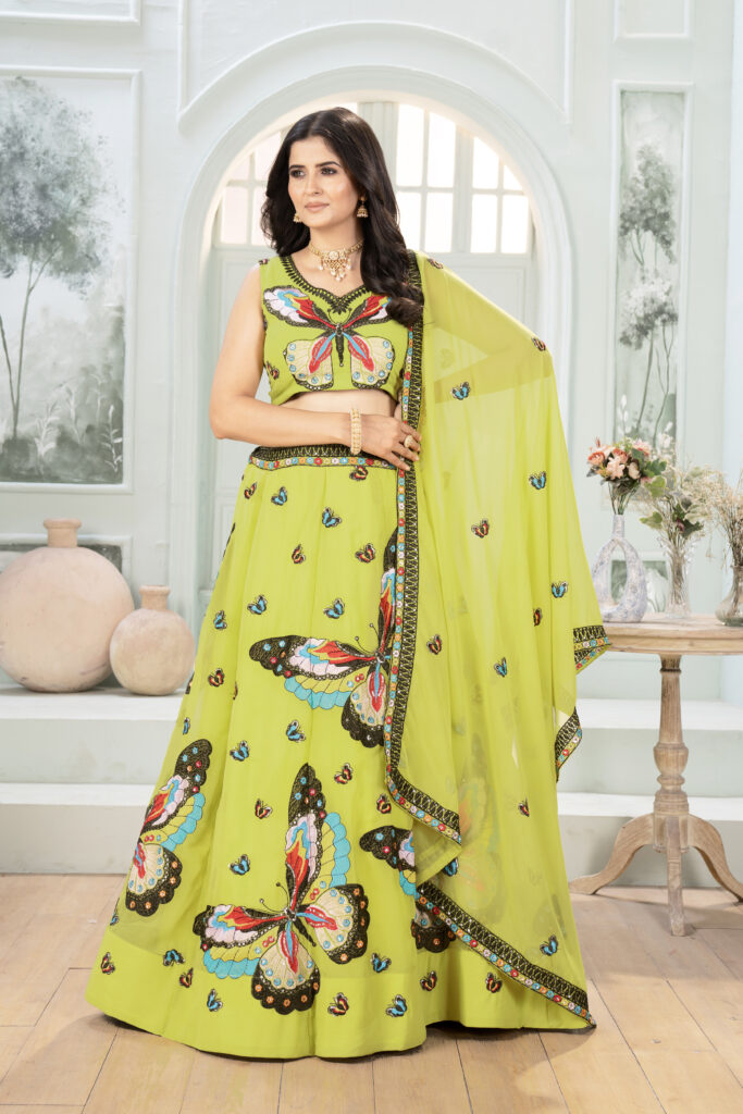 designer butterfly embroidered faux georgette lehenga choli with dupatta