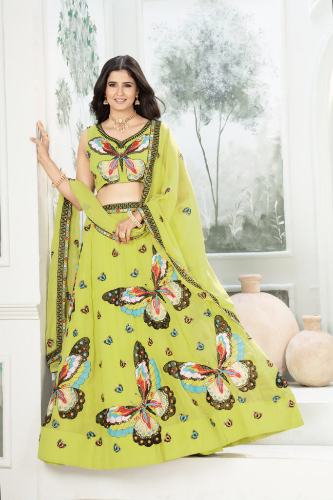 designer butterfly embroidered faux georgette lehenga choli with dupatta