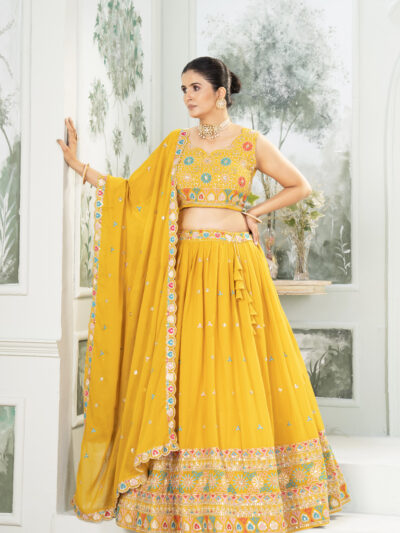 sunshine yellow star georgette embroidered lehenga choli with dupatta