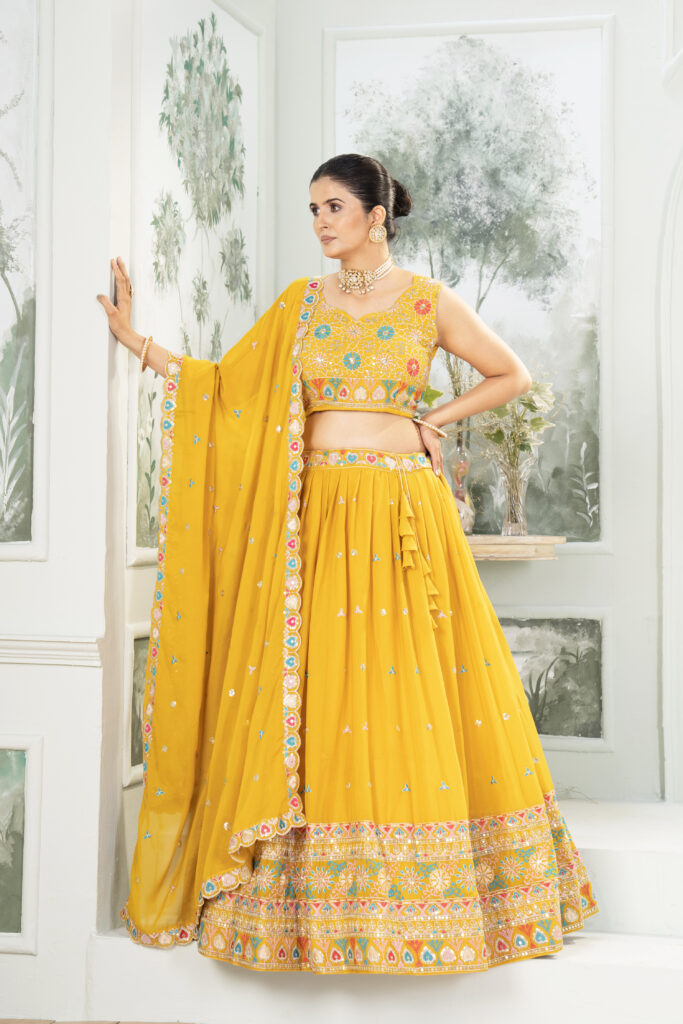 sunshine yellow star georgette embroidered lehenga choli with dupatta