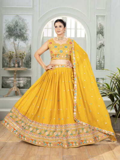sunshine yellow star georgette embroidered lehenga choli with dupatta