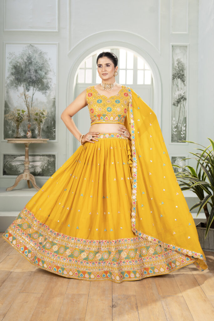 sunshine yellow star georgette embroidered lehenga choli with dupatta