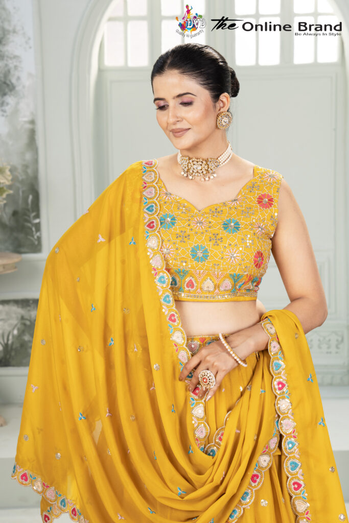 sunshine yellow star georgette embroidered lehenga choli with dupatta